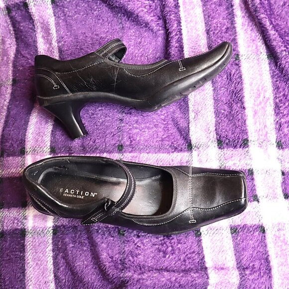BLACK DRESS SHOES 6 Kenneth Cole Mary Janes Pumps Square Toe Leather Walk On By - Picture 1 of 12